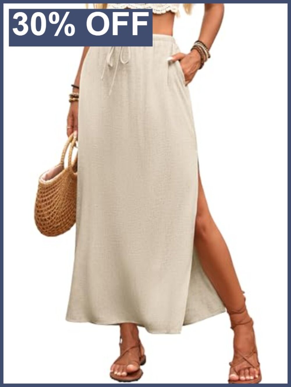 Linen Straight Maxi Skirt Side Slit Flowy A-Line with Pockets